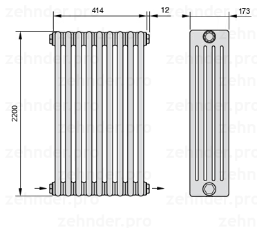 Схема (чертеж) Радиатор Zehnder Charleston 5220/9 №2670 Белый глянцевый RAL 9016